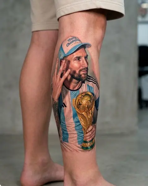 Retrato realista a color de Messi con la Copa del Mundo en la pantorrilla