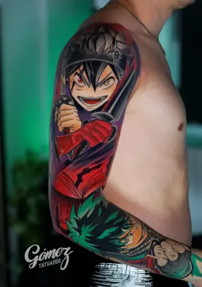 Tatuaje anime a color de manga completa: Asta de Black Clover con espadas y grimorio, y Deku de My Hero Academia en el antebrazo, Buenos Aires