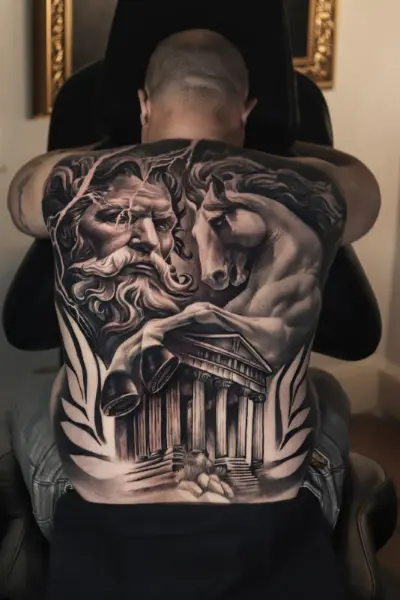 Tatuaje black and grey de espalda completa: dios griego con caballos y templo de columnas, diseño personalizado hecho en Studio X Project, Recoleta